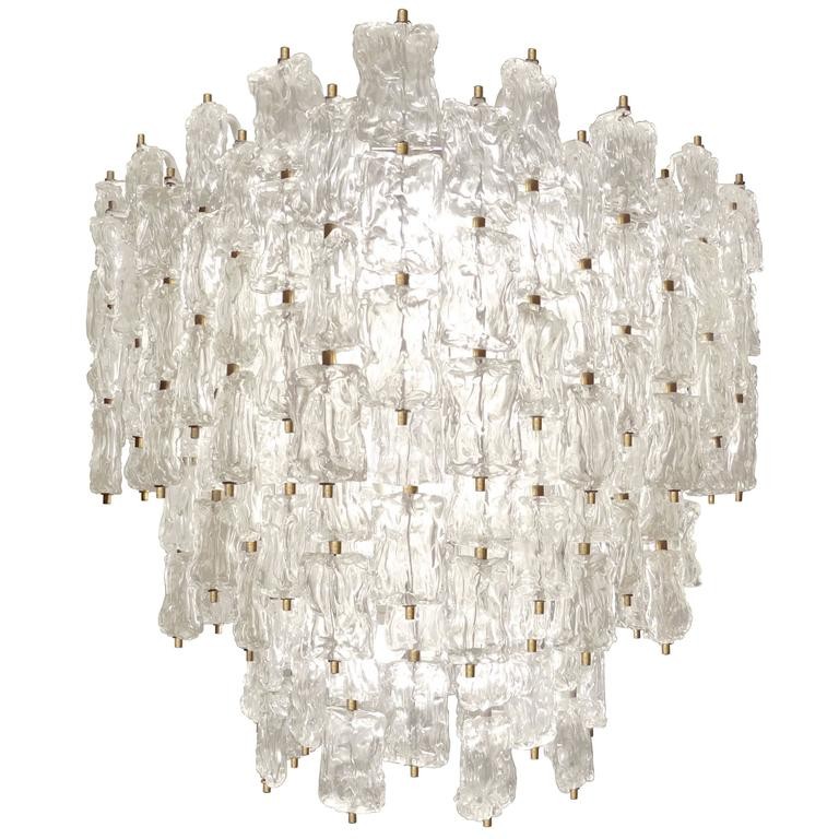 Large Aureliano Toso Brass and Textured Glass Chandelier