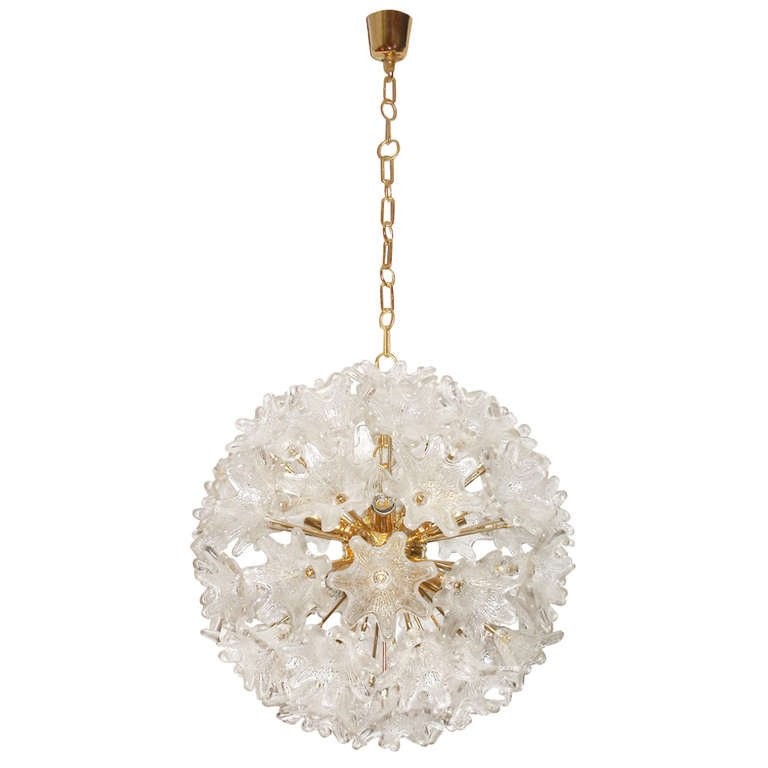 Murano Brass and Glass Flower Ball Chandelier