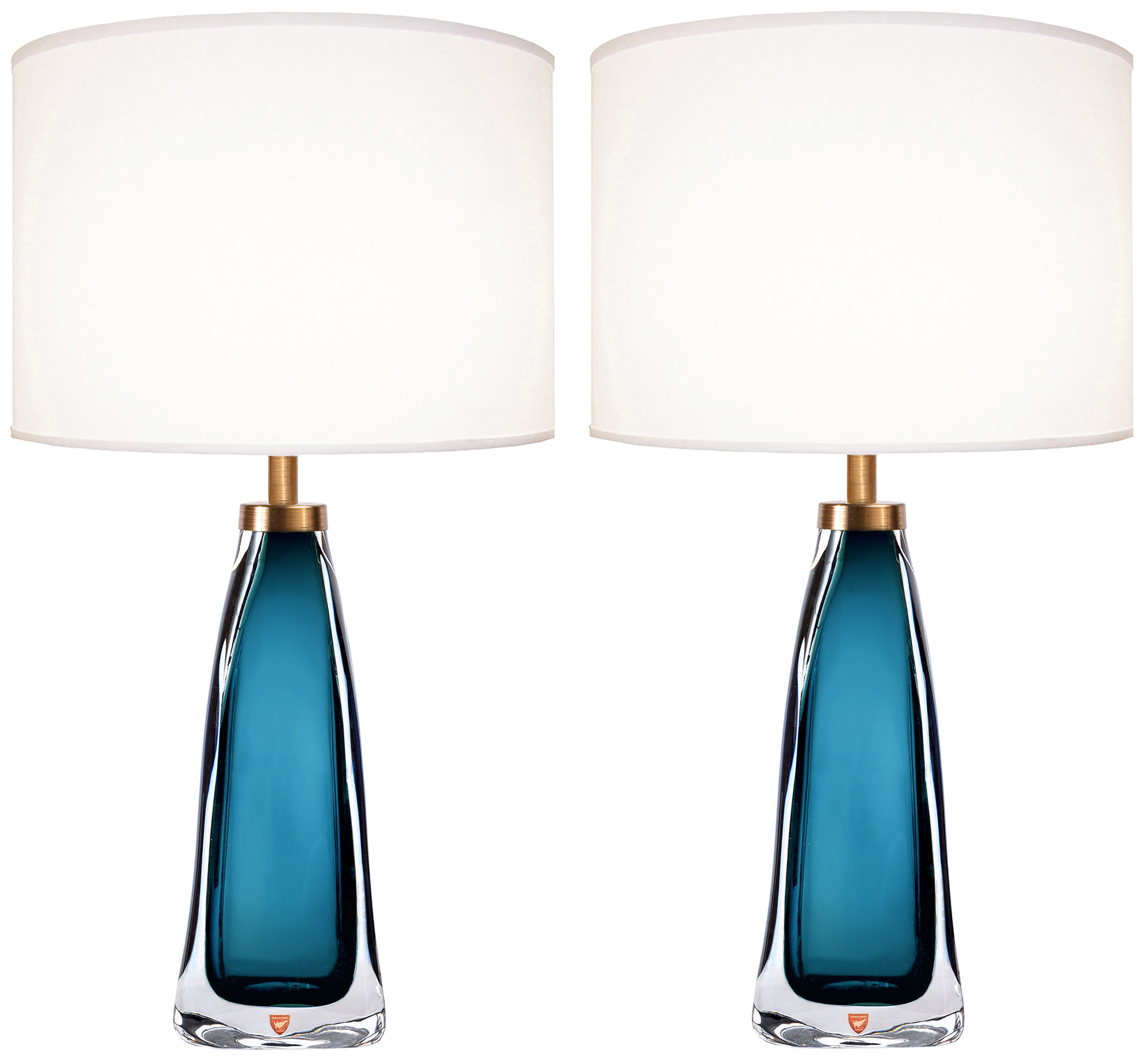 Pair of Nils Landberg for Orrefors Teal Glass Lamps