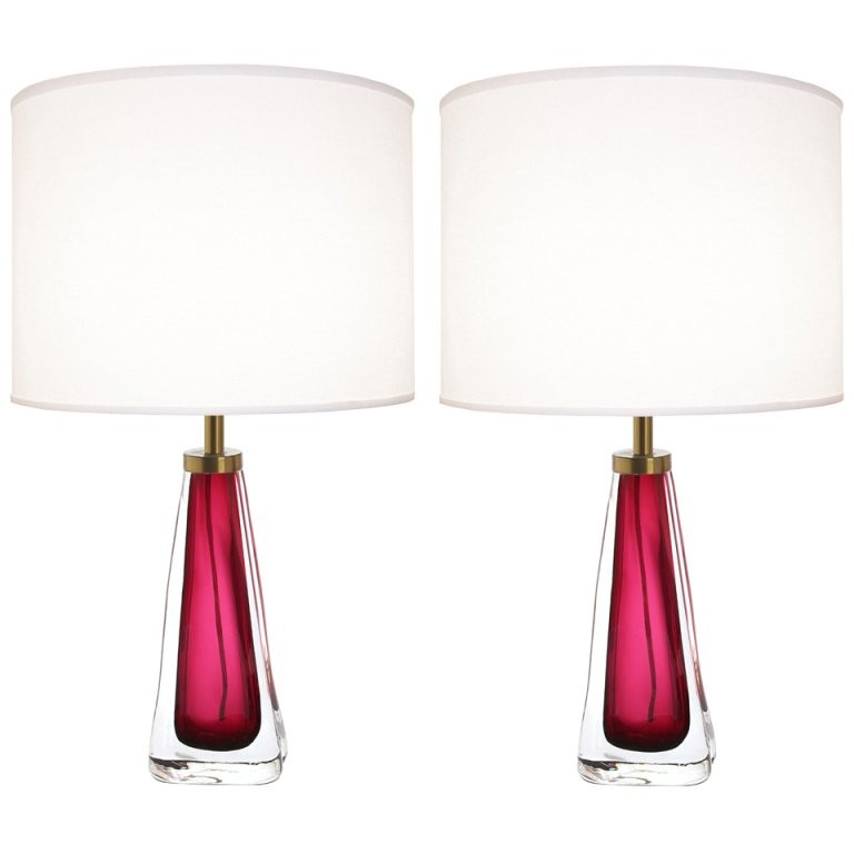 Pair of Nils Landberg for Orrefors Raspberry Glass Lamps