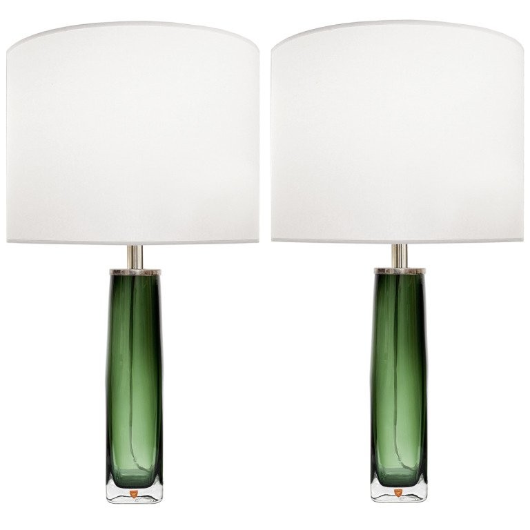 Pair of Nils Landberg for Orrefors Green & Clear Glass Lamps
