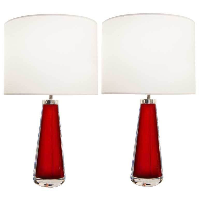 Pair of Nils Landberg for Orrefors Red Glass Lamps