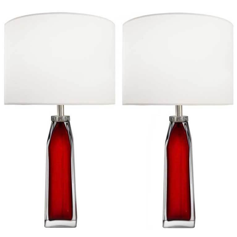 Pair of Nils Landberg for Orrefors Red and Clear Glass Lamps