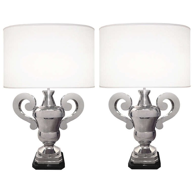 Pair of Polished Nickel Urn Lamps