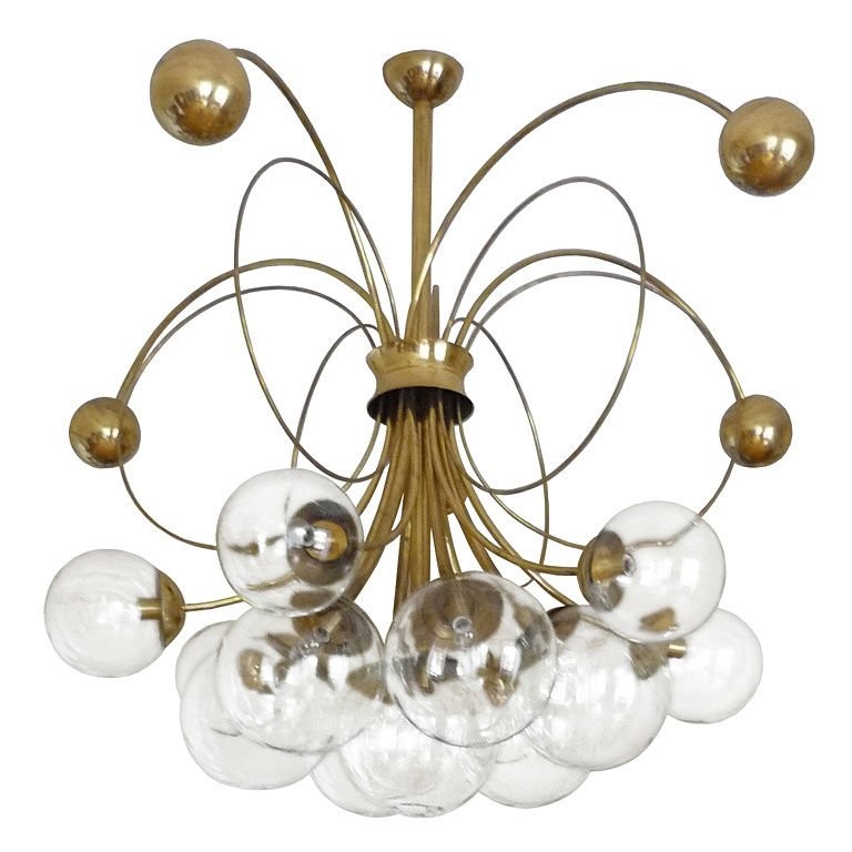 German Brass Chandelier with Circular Brass Rings and Glass Globes