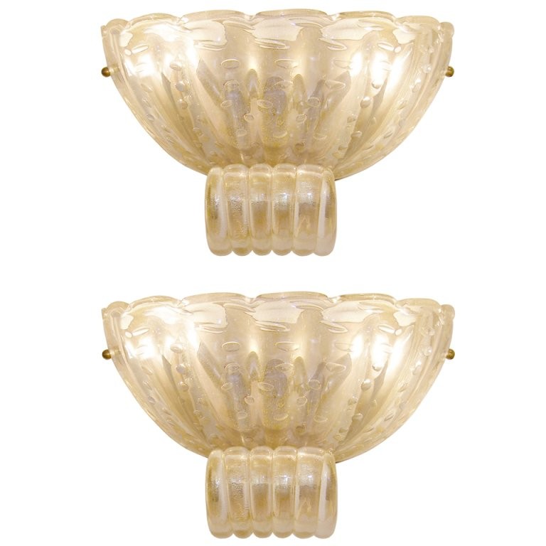 Pair of Barovier Fluted Pale Amber Glass Sconces