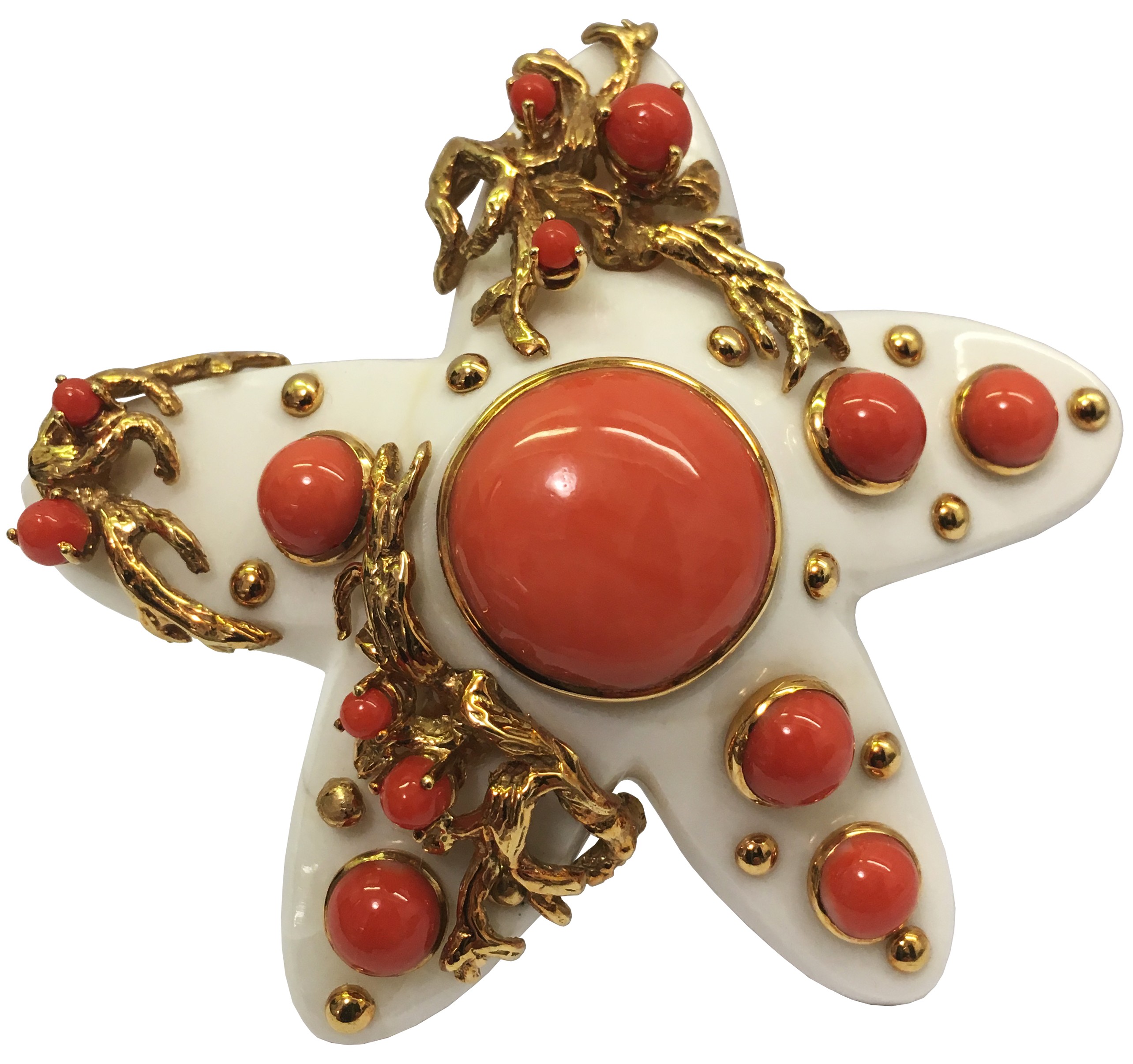 One of a Kind Ivory, Coral and 18K Gold Brooch Signed Seaman Schepps 