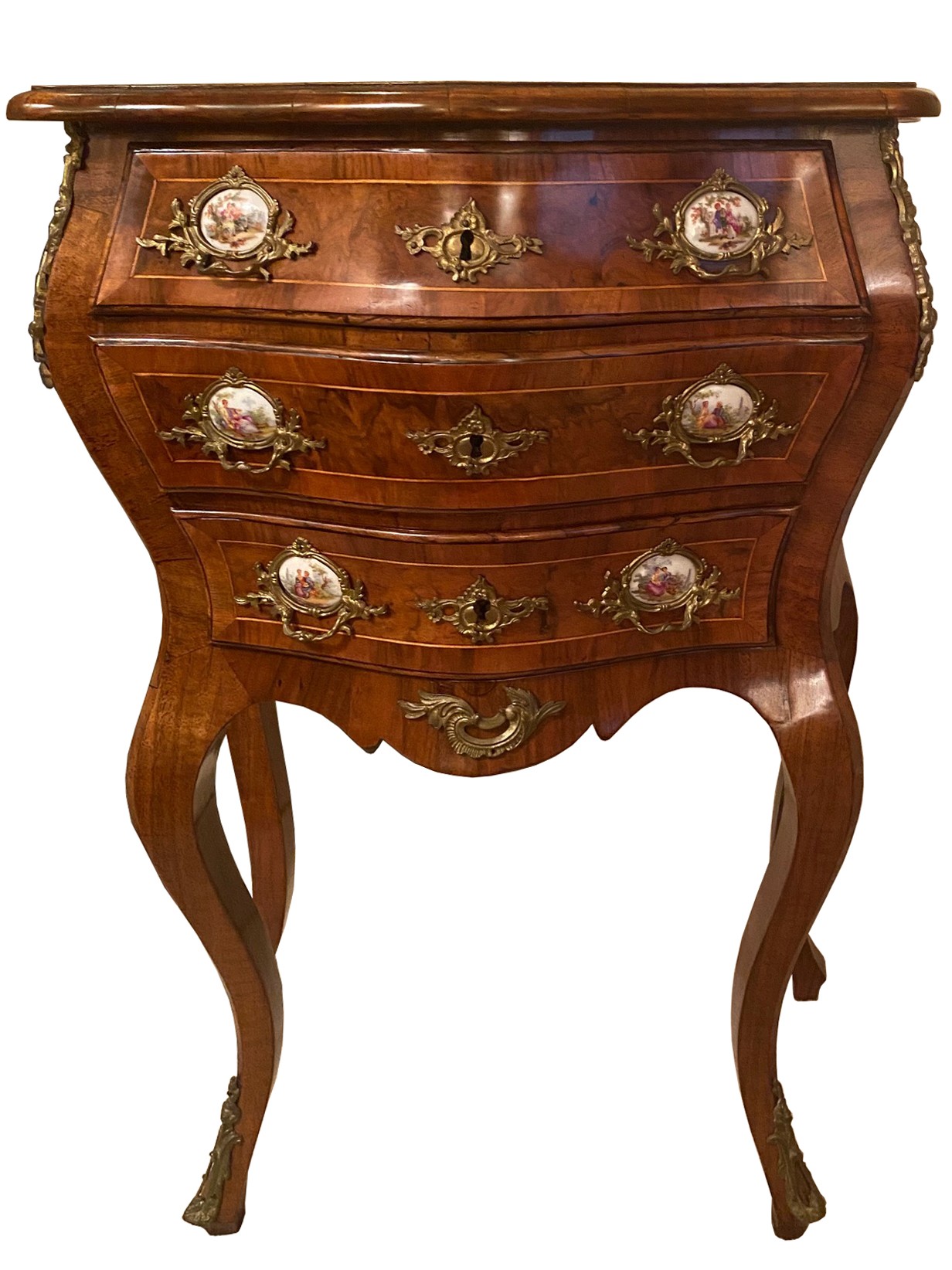 19th C. Austrian Walnut Bombay Chest with Gilt Bronze Armalo Details and Hand Porcelain Scenes