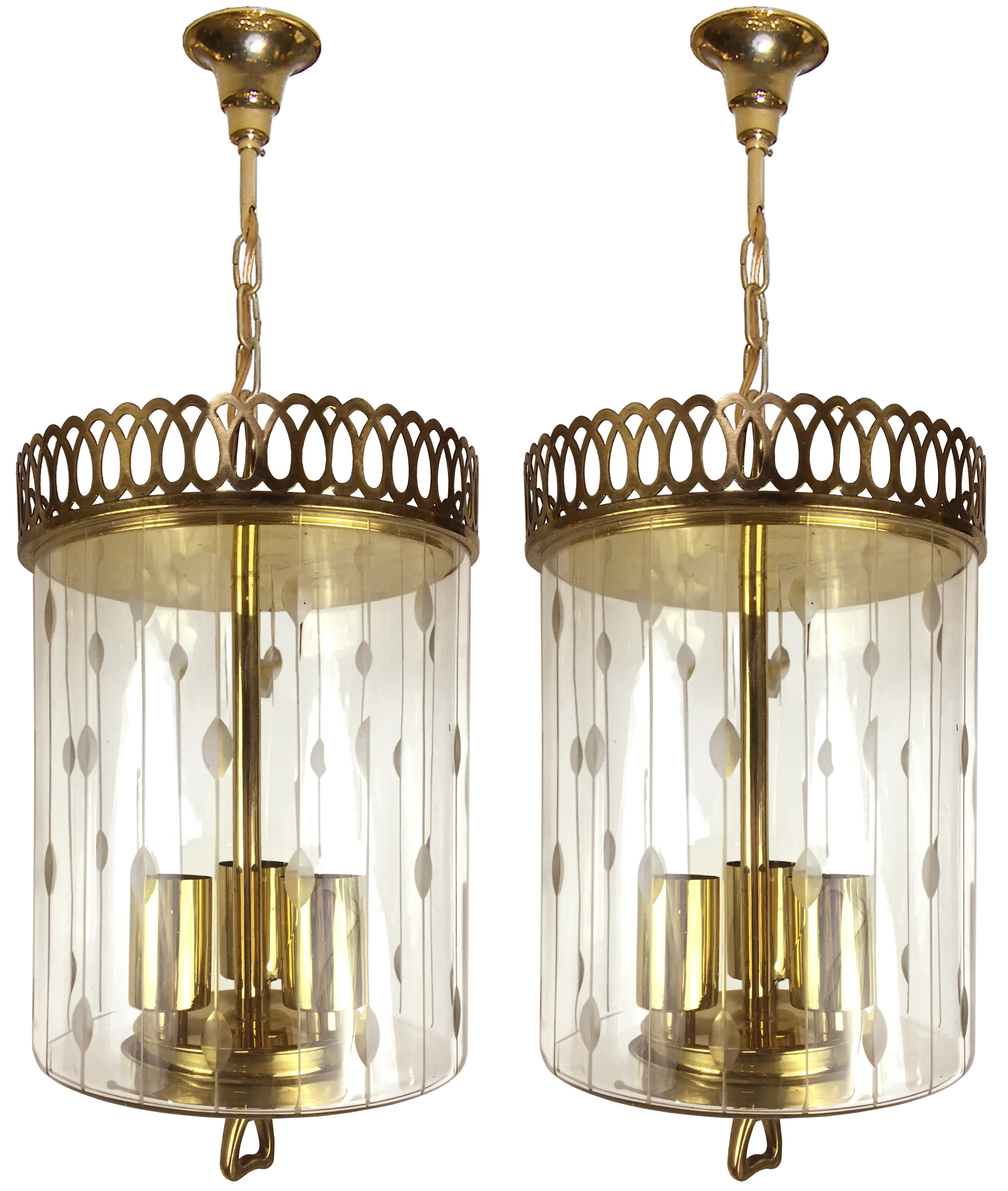 Pair of Italian Etched Glass and Brass Pendants