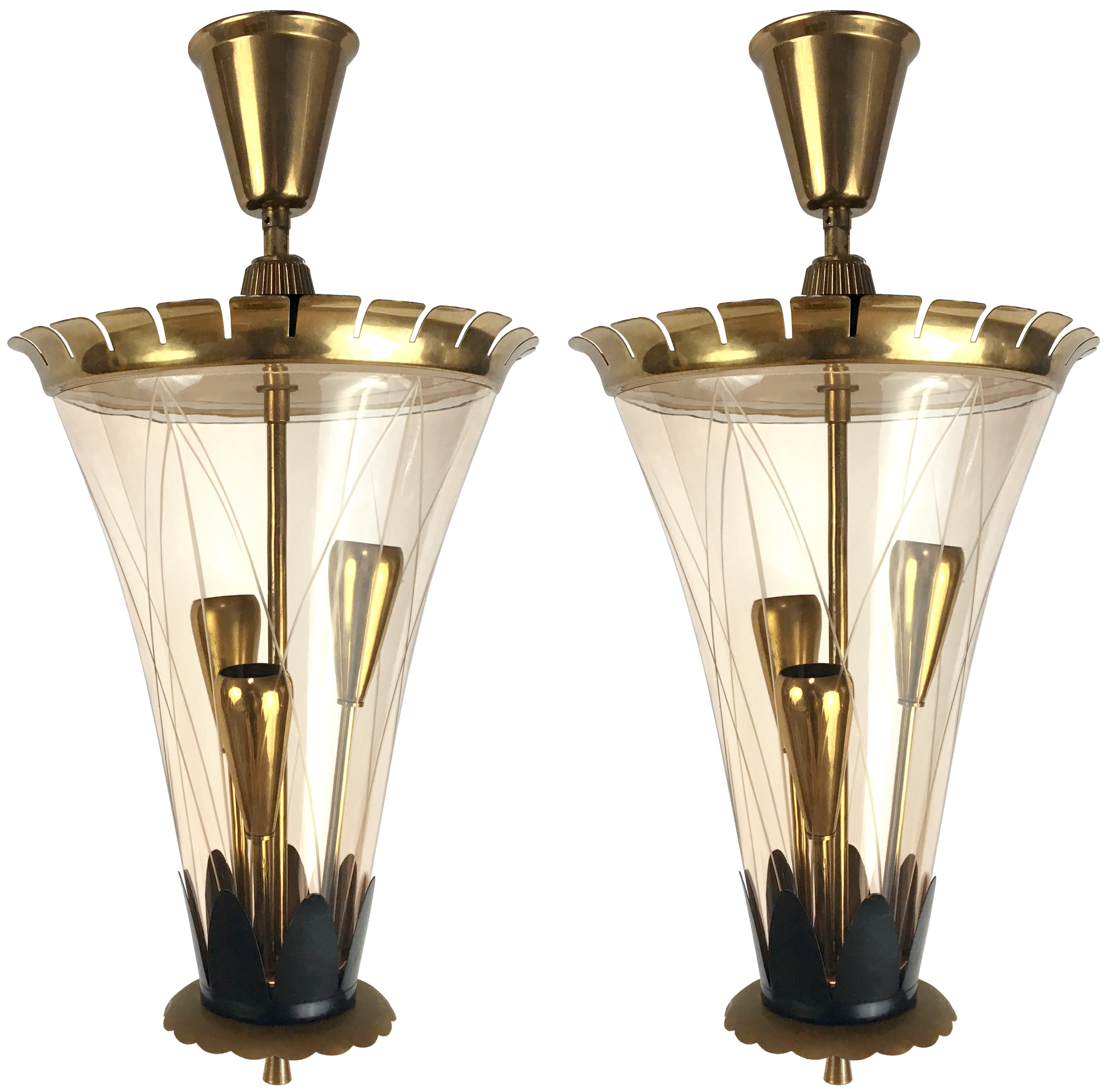 Pair of Italian Etched Glass and Brass Pendants