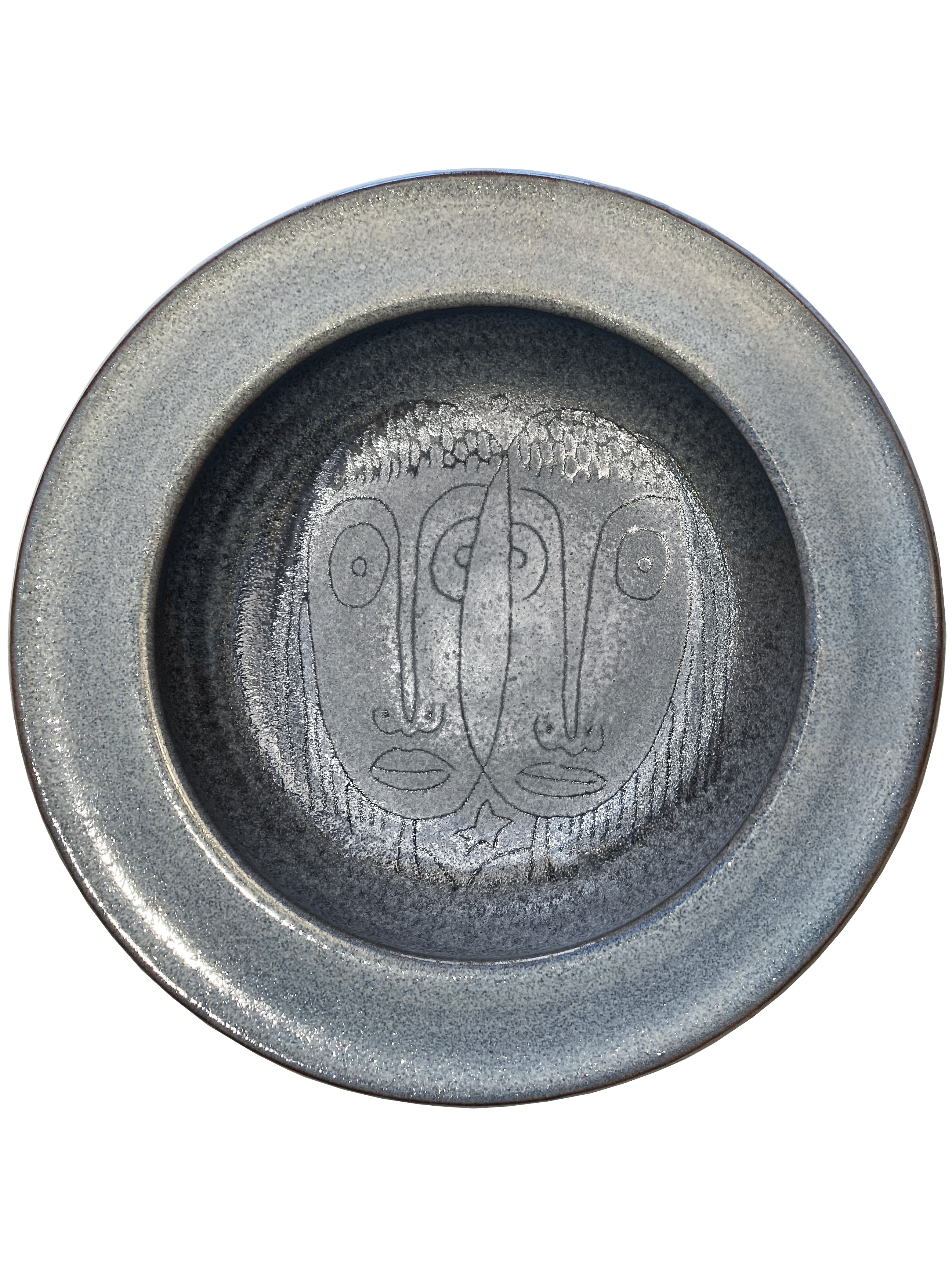 Edwin and Mary Scheier Stoneware Low Bowl Dish with Two Abstract Face