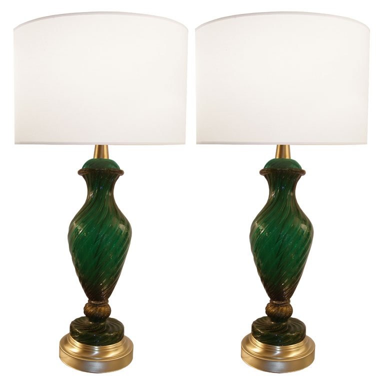 Pair of Barovier Green and Gold Glass Lamps