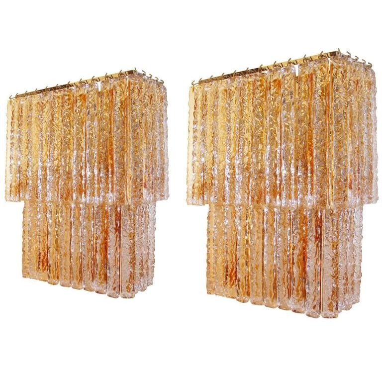 Pair of Large Amber and Clear Glass Sconces Attributed to Mazzega