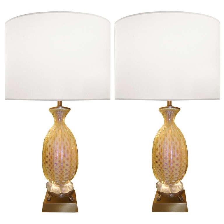 Pair of Barovier Brass and Fluted Glass Lamps