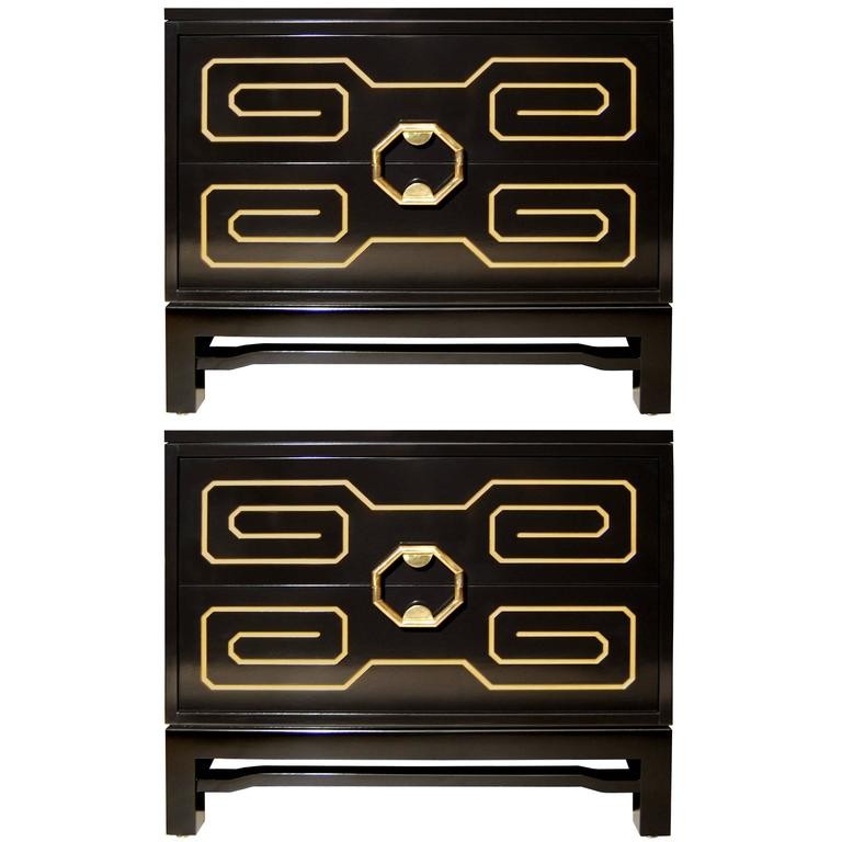 Pair of Black Lacquer and Brass Side Tables