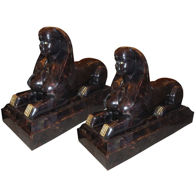 Pair of Large Stone and Bronze Sphinxes