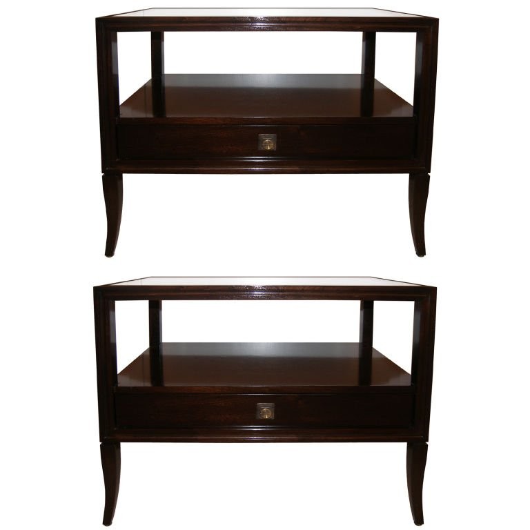 Pair of Tommi Parzinger Mahogany and White Glass Side Tables
