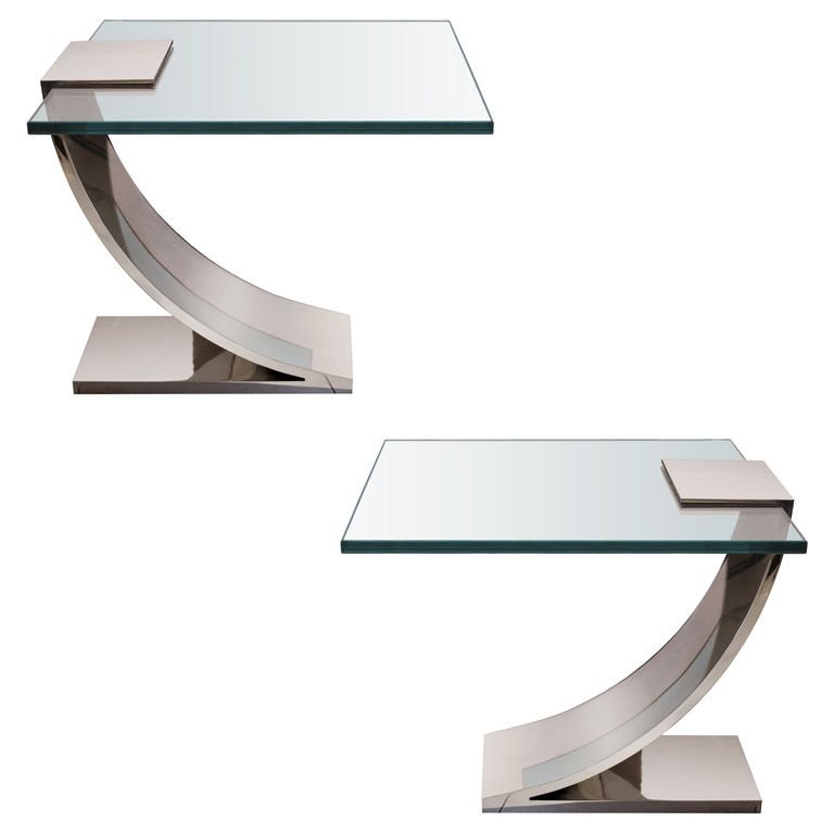 Pair of Polished Nickel and Glass Side Tables