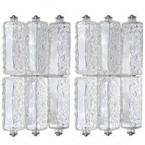 Pair of Polished Nickel & Textured Glass Sconces, Style of Kalmar