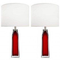 Pair of Nils Landberg for Orrefors Red and Clear Glass Lamps