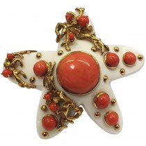 One of a Kind Ivory, Coral and 18K Gold Brooch Signed Seaman Schepps 
