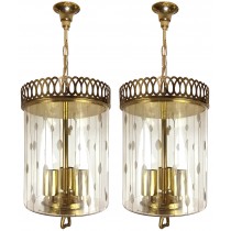 Pair of Italian Etched Glass and Brass Pendants