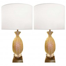 Pair of Barovier Brass and Fluted Glass Lamps