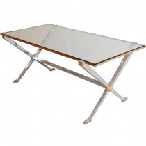 French Steel and Brass Coffee Table with Glass Top
