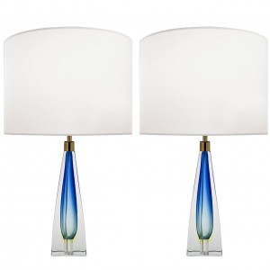 Pair of Italian Blue and Clear Glass Lamps