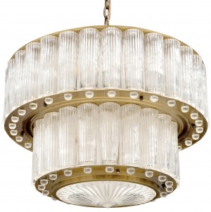 1940s Austrian Two Tiered Fluted Glass and Brass Chandelier 