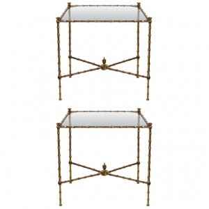 Pair of Bronze Bamboo Tables with Glass Tops by Masion Bagues