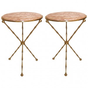 Pair of French Bronze Bamboo Side Tables with Marble Tops