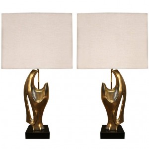 Pair of Philippe Jean Abstract Sculptural Bronze Lamps