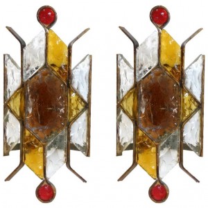 Pair of Brass and Glass Sconces in the style of Poliarte