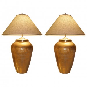 Pair of Large Italian Ceramic Metallic Gold Lamps with Light Craquelure Finish
