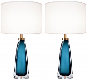 Pair of Nils Landberg for Orrefors Teal Glass Lamps