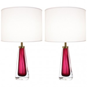 Pair of Nils Landberg for Orrefors Raspberry Glass Lamps