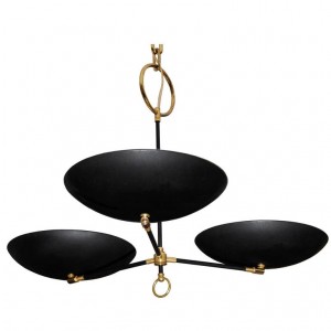 French Brass and Black Enameled Three Arm Chandelier