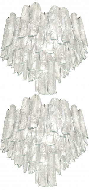 Very Rare Pair of Large Barbini Textured Glass Chandeliers