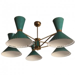 French Brass Five-Arm Chandelier with Green Enameled Shades