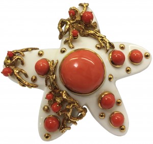 One of a Kind Ivory, Coral and 18K Gold Brooch Signed Seaman Schepps 