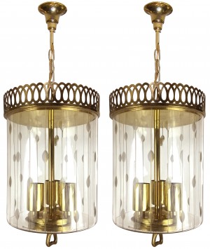 Pair of Italian Etched Glass and Brass Pendants