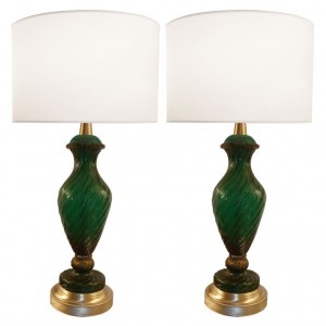 Pair of Barovier Green and Gold Glass Lamps