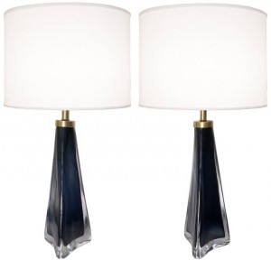 Pair of Nils Lamdberg for Orrefors Deep Blue and Clear Glass Lamps