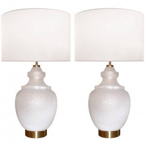 Pair of Large White Textured Glass Lamps