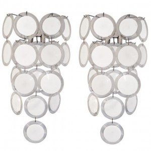 Pair of Vistosi White and Clear Glass Disk Sconces