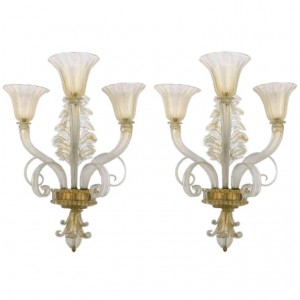 Pair of Ercole Barovier Three-Arm Glass Sconces