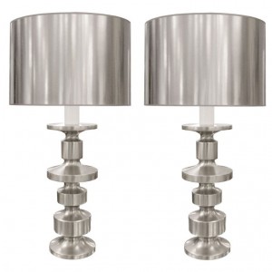 Pair of Large Modernist Polished Nickel Lamps